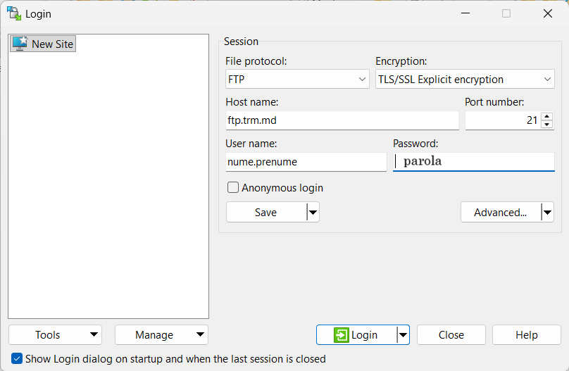 Exemplu completare date de conectare în WinSCP pentru ftp.trm.md