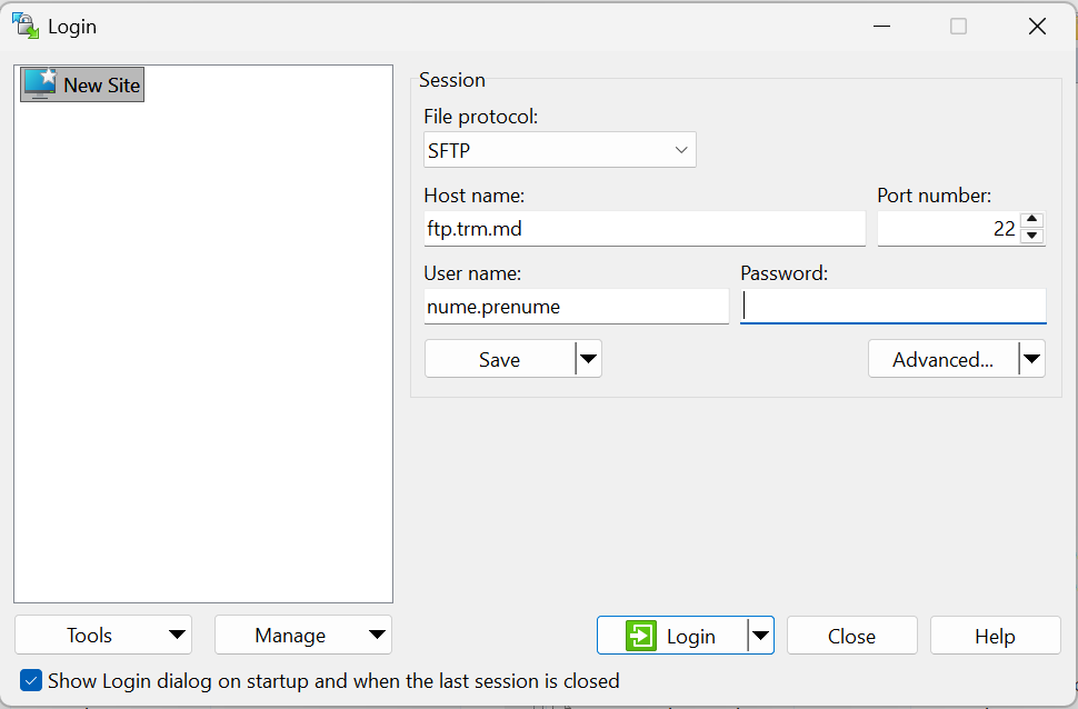 Exemplu conectare WinSCP prin SFTP la ftp.trm.md pe portul 22